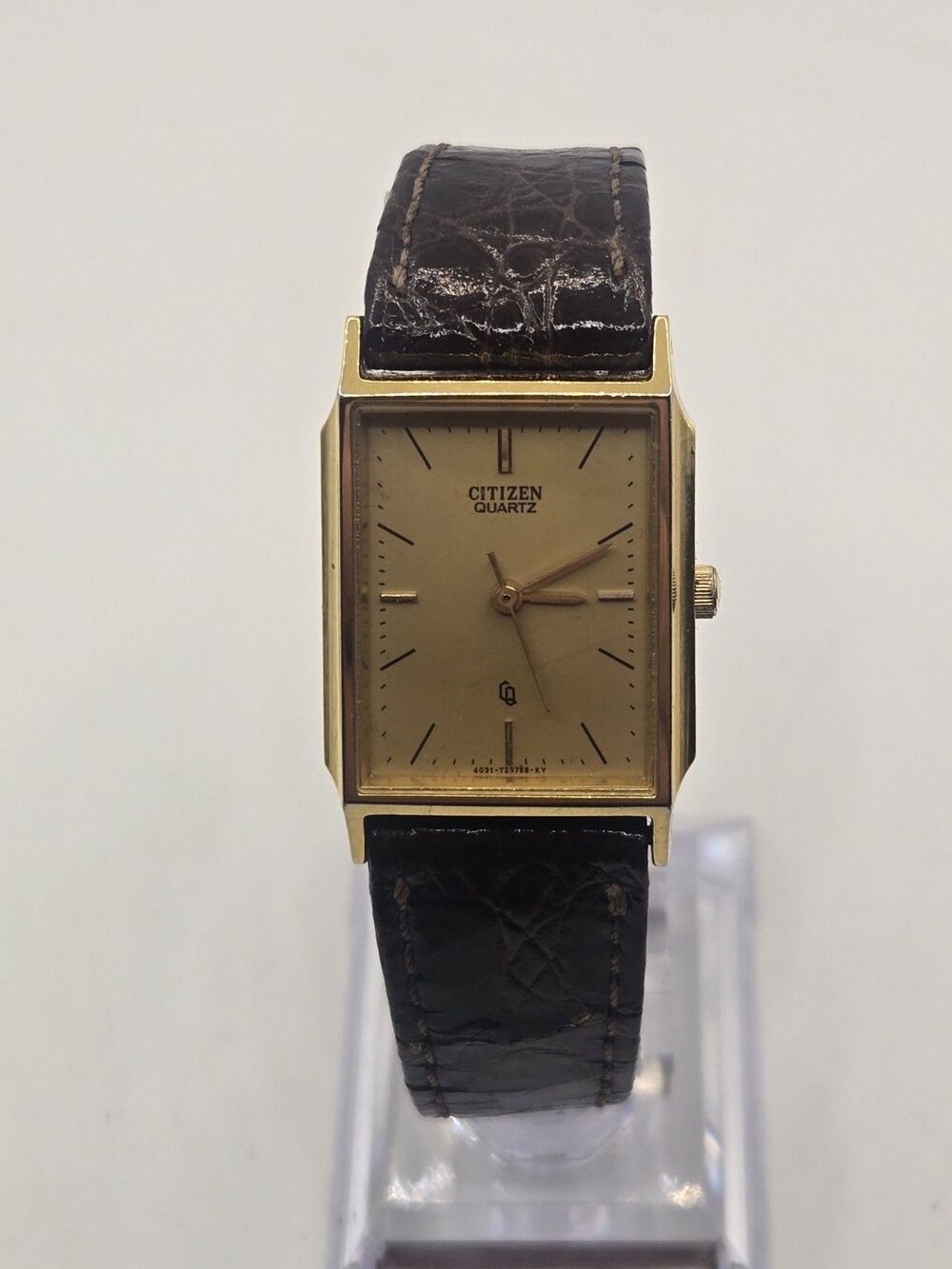 CITIZEN Square Tank 3 Hand Men's Watch Gold Dial Brown Leather. 24mm. 7.5" Band